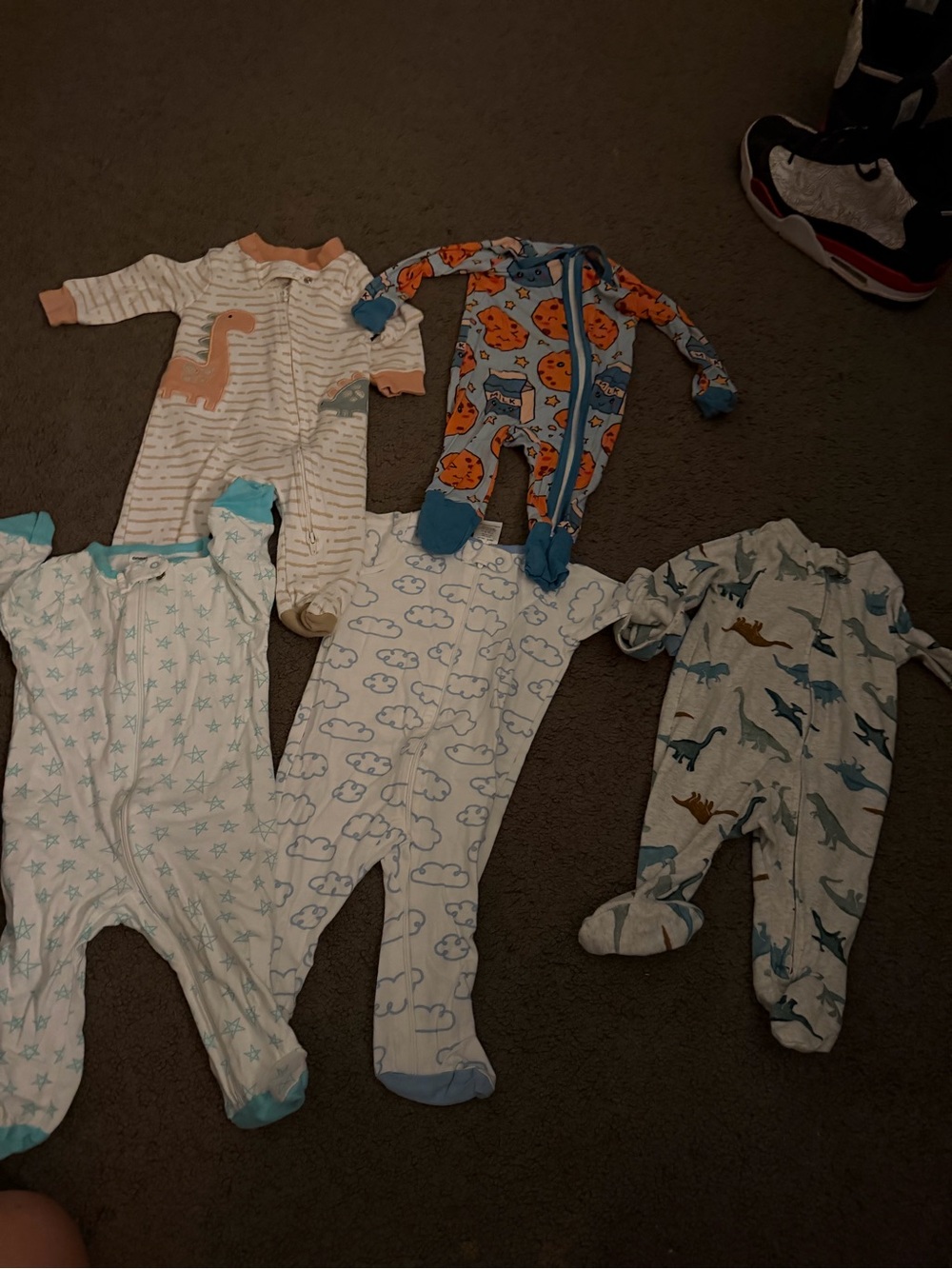 Baby One-Piece Footed Pajama - Blue/White Cloud & Dino Prints